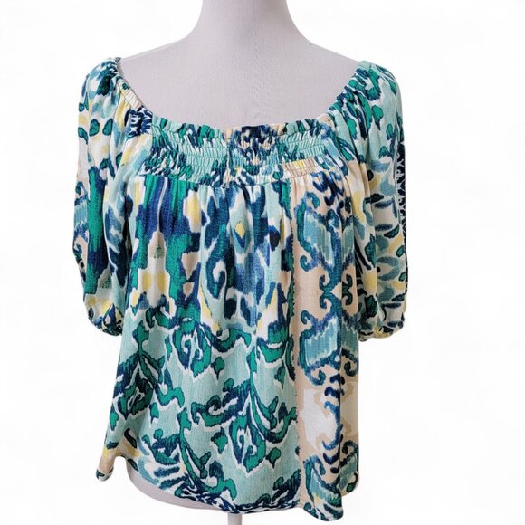 Cupio Size S Green Ikat Short Sleeve Square Neck Printed Top, NEW w/Tag - Picture 4 of 16